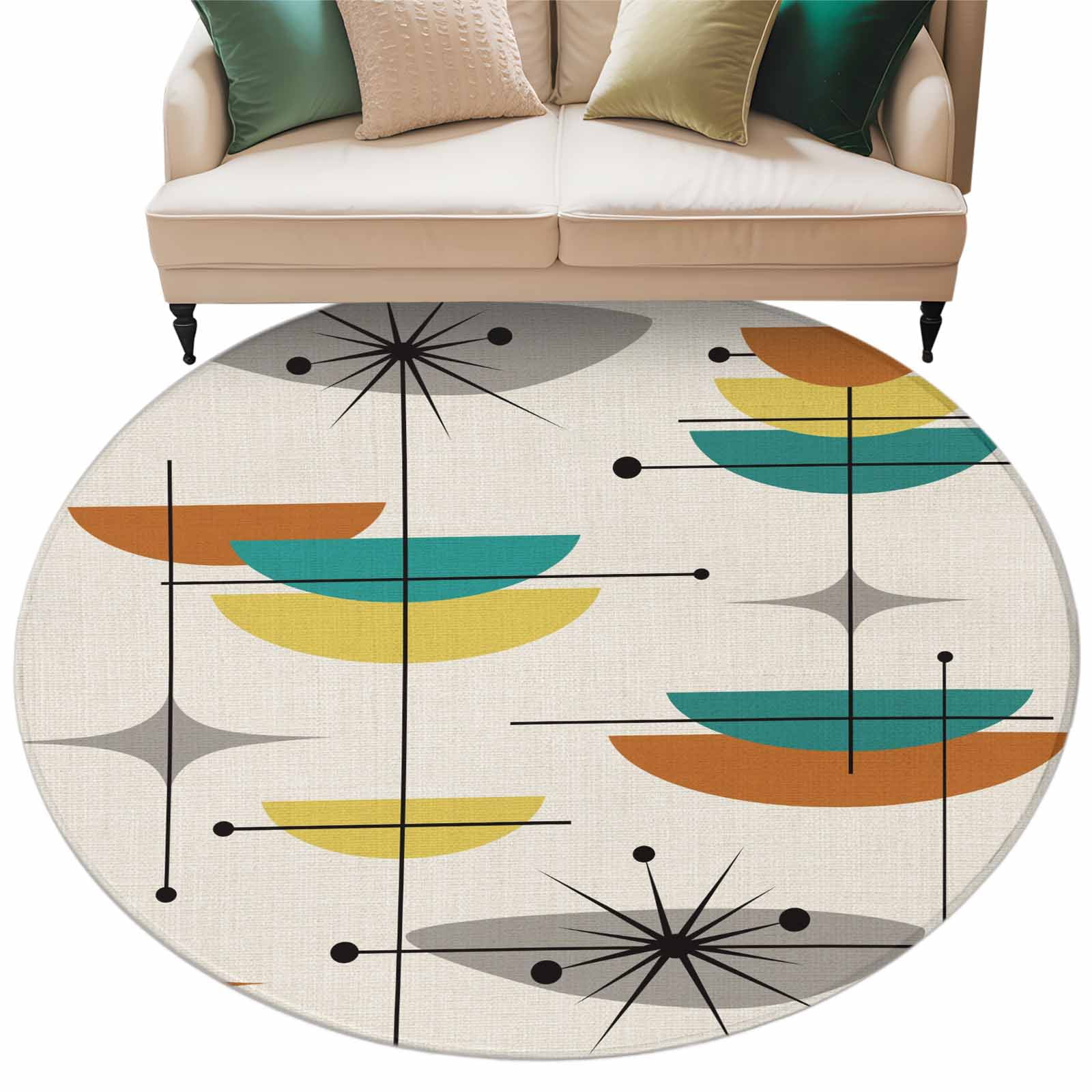 Boho Modern Round Rugs 8ft, Middle Century Teal Yellow Orange Geometric Non Slip Washable Rug Runner, Low Pile Indoor Floor Carpet Mat Bathroom Rugs for Living Room, Bedroom, Kids Room