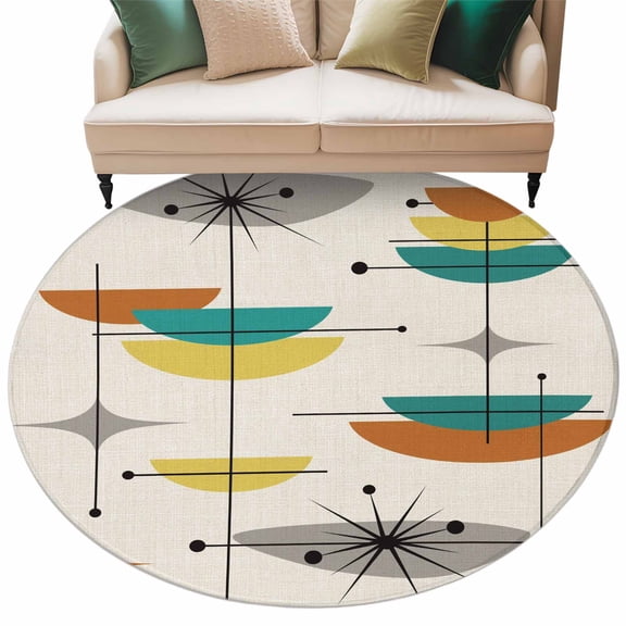 Boho Teal Yellow Orange Grey Large Area Rugs for Bedroom Living Room, Soft Non Slip Carpet Bedside Rug, Middle Century Geometric Round Floor Cover Kitchen Accent Rug 8' for Dining Room/Office