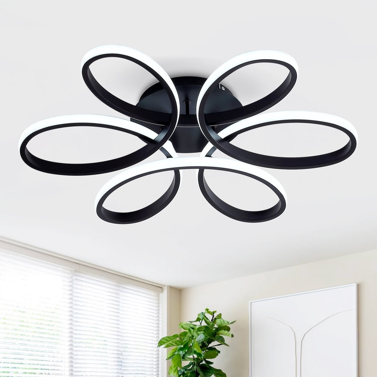 23 inch Modern LED Ceiling Light, 6 Rings Flower Flush Mount Light Fixture with Remote Control Black Dimmable Ceiling Lamp for Living Room, Bedroom,  Kitchen-Y
