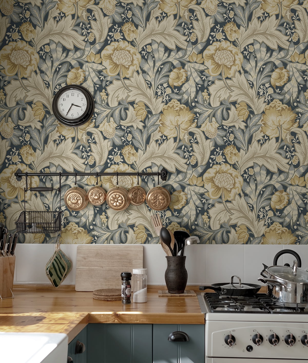 NextWall Midnight Blue & Neutral Acanthus Garden Floral Peel and Stick Wallpaper - 20.9 in. W x 18 ft. L Roll