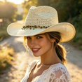 thumbnail image 2 of OOOUM Breathable Cowboy Hat For Men Women Western Style Beaded Band Straw Sun Hat Festival Outdoor Vacation Cowgirl Hat Beige, 2 of 5