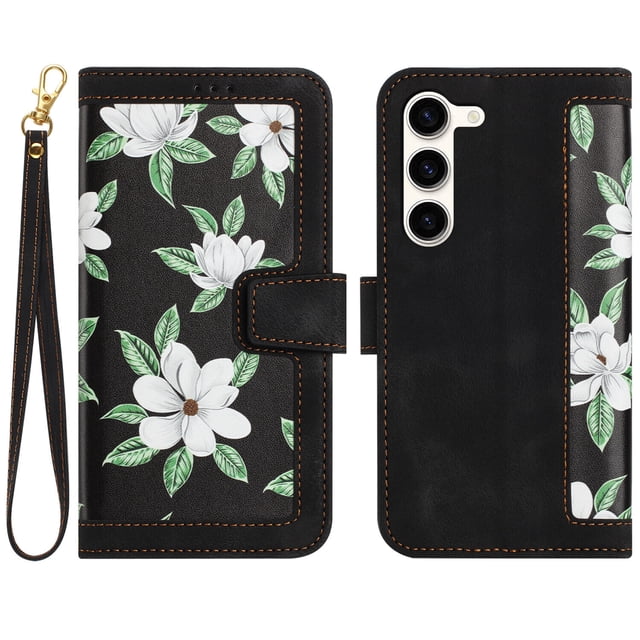 Compatible with Samsung Galaxy S23 5G Vintage Flower Wallet Case Magnetic Closure Cover with Card Slots