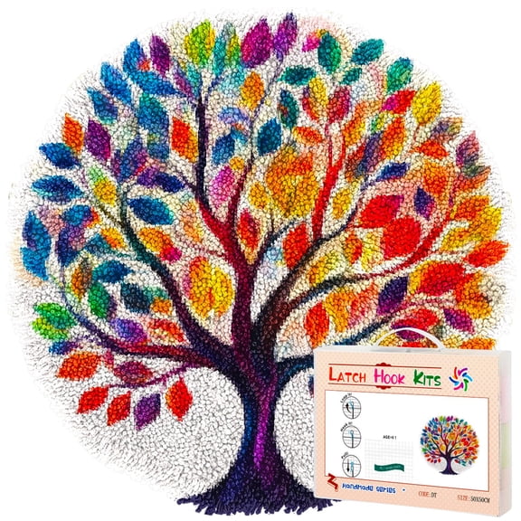 Latch Hook Rug Kit Shining Colorful Life Colored Tree Stamped Handmade Round Shape Carpet Crochet Yarn Craft DIY Hook and Latch Door Mat Tapestry for Christmas Home Floor Decor 50x50cm(4)