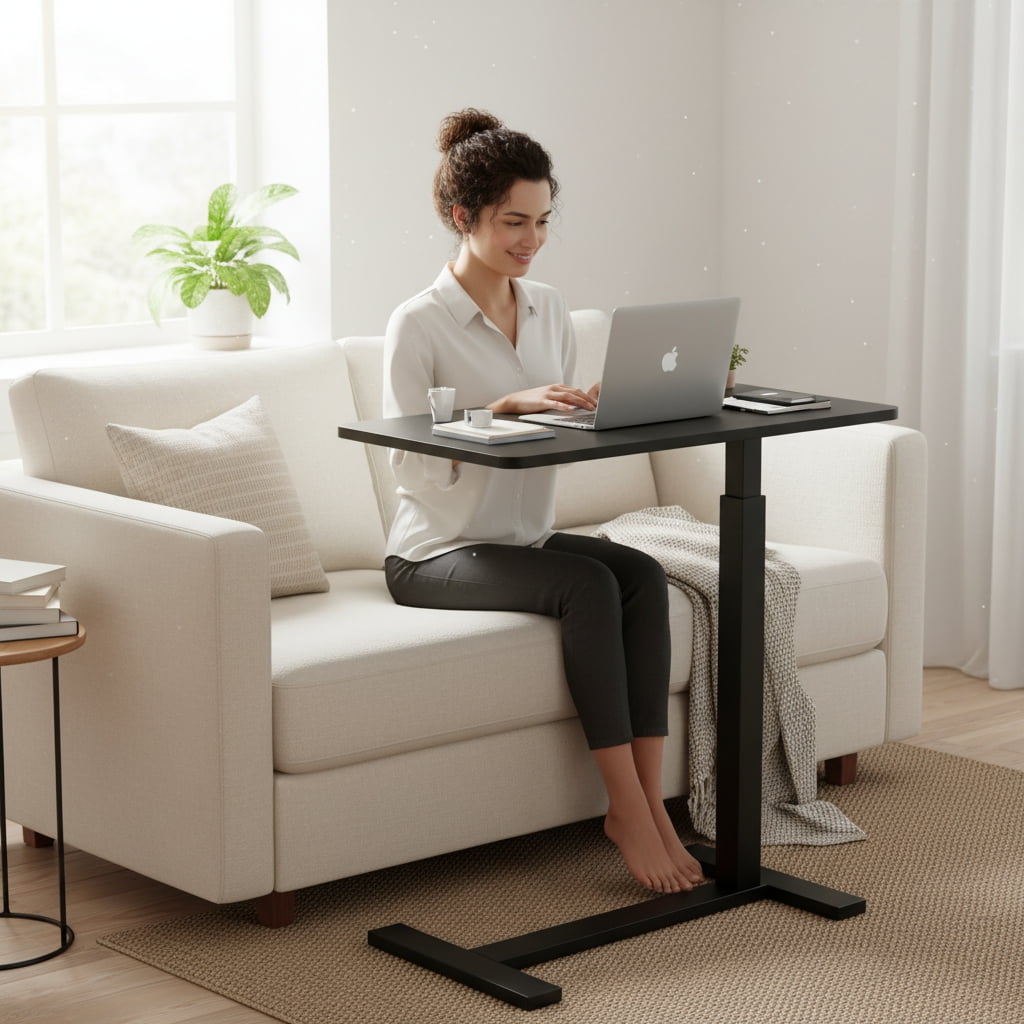 CONCETTA Overbed Table with Wheels, Mobile and Adjustable height Standing Desk, Saves Space for Hospital, Bedside, Black