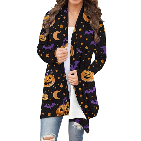 aohooy Halloween Costumes for Women Adult 2025 Halloween Cardigan Pumpkin Bat Print Long Sleeve Open Front Sweater Cardigans Multicolor,S