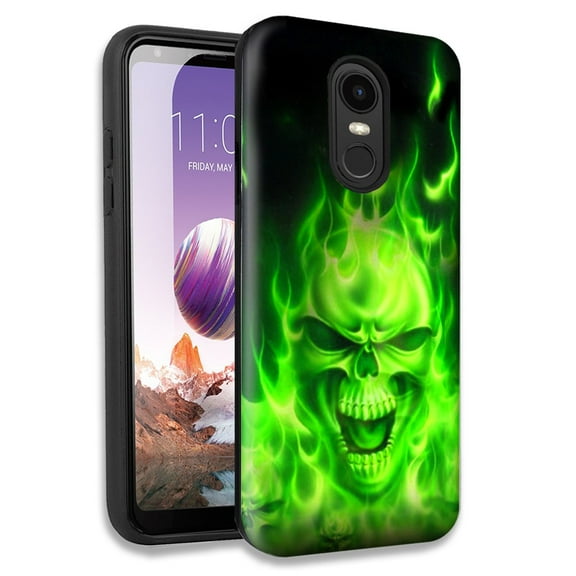 Mundaze Green Flaming Skull Double Layer Hybrid Case Cover For LG Tribute Empire/Risio 3/K8 K8 Plus 2018