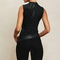 thumbnail image 4 of Women' Solid Mock Neck Sleeveless PU Leather Pleated Slim Fit Tank Top Black XS, 4 of 6