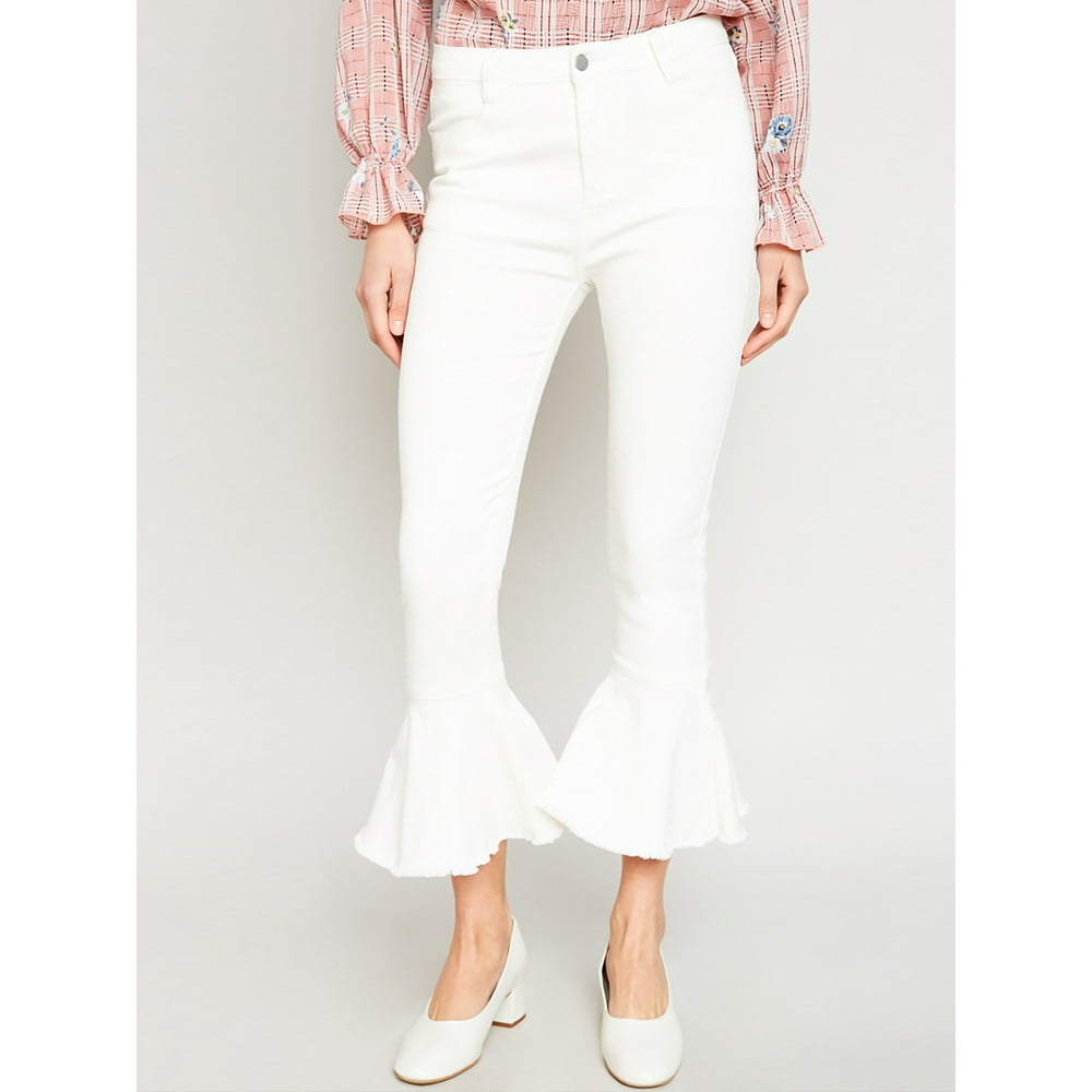 Feinuhan Women's Boho Ripped Frayed Raw Ruffle Hem Denim Jeans Flared