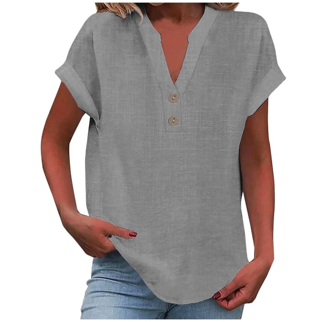 Enjoytime Women's Button Down Shirts Solid Color V-Neck Short Sleeve Tops Office Work Business Summer Blouses