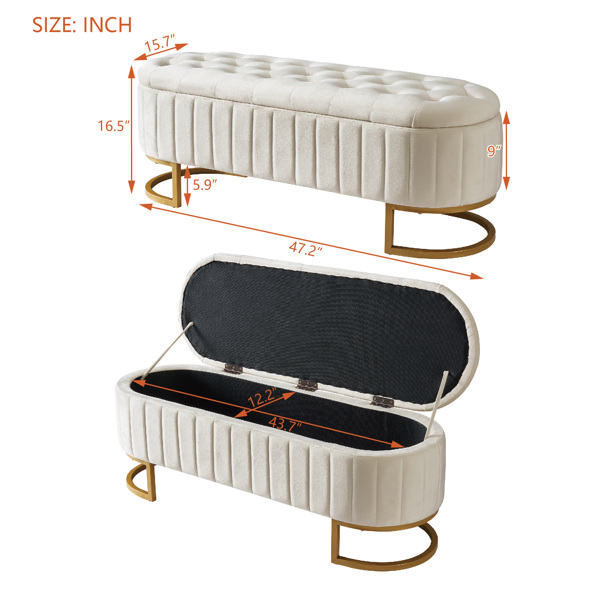 Euroco Upholstered Velvet Storage Ottoman Bench,End of Bed Bench with Metal Legs,Storage Chest for Bedroom,Living Room,Entryway,Beige