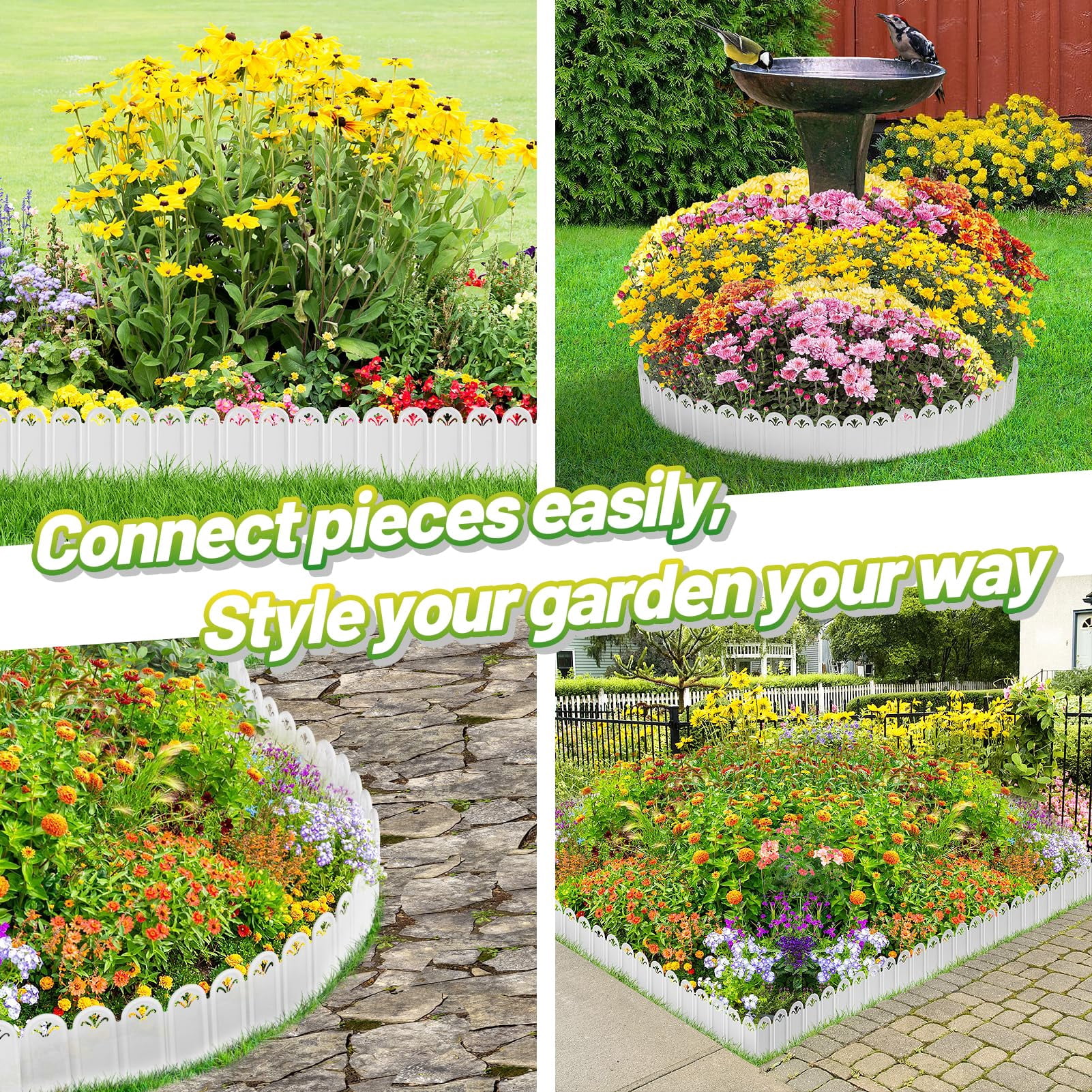 Garden Edging Border & Fences - 15ft Total Length No Need Digging Lawn Fence Border for Dividing Yard Flower Bed Areas, Included 25pcs 8.3" L x 5.9" H White Panels