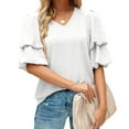 thumbnail image 5 of Giftesty Women's Summer Solid Color Double Puff Sleeve Blouses Summer Half Sleeve Dot Tops V Neck T-Shirts Blouse, 5 of 8