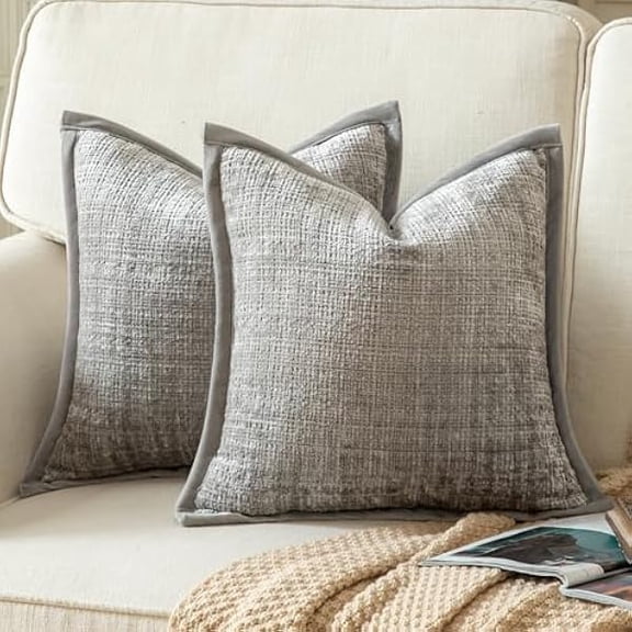 Eryueer Pack of 2 Chenille Textured Decorative Cushion Covers Accent Solid Throw Pillow Covers Soft Cozy Pillow Case with Velvet Back for Couch Sofa Bed Living Room 20x20 Inch 50x50cm Light Grey