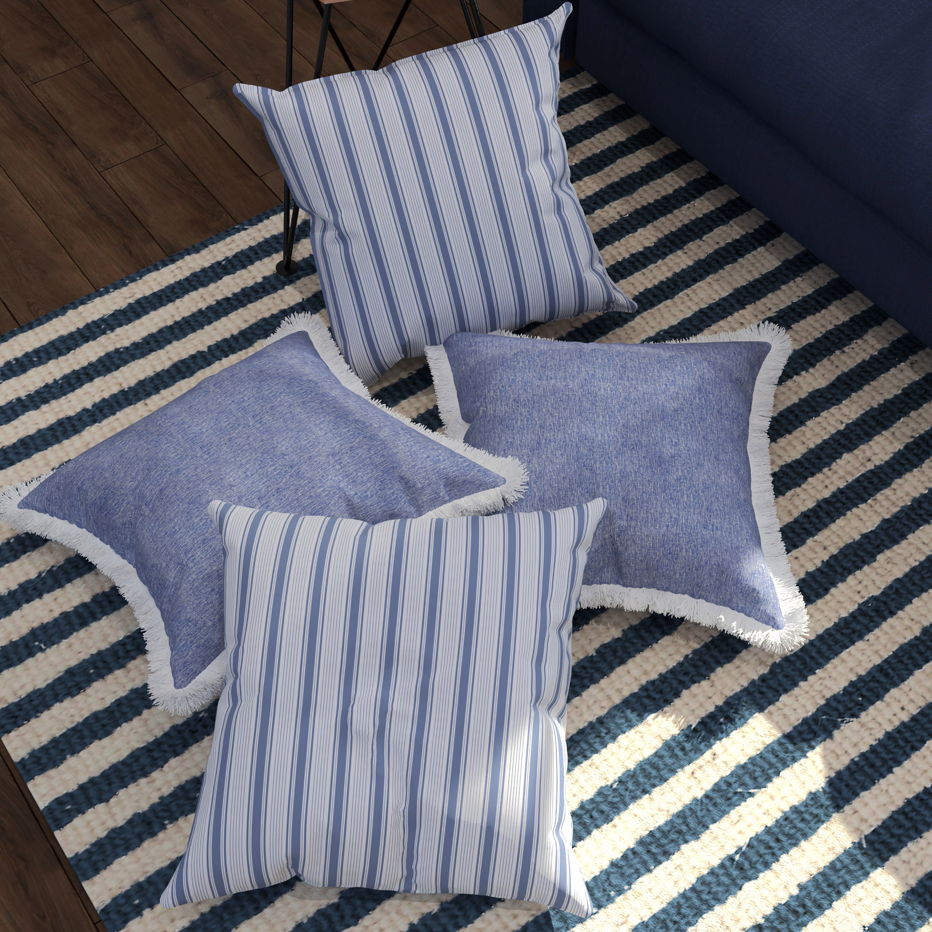 Coordinating Decorative Throw Pillow Covers, Square, 18" x 18", Blue, Set  of 4, Stripes and Geometric Patterns with Fringe for Living Room, Bed, and  Sofa - Walmart.com