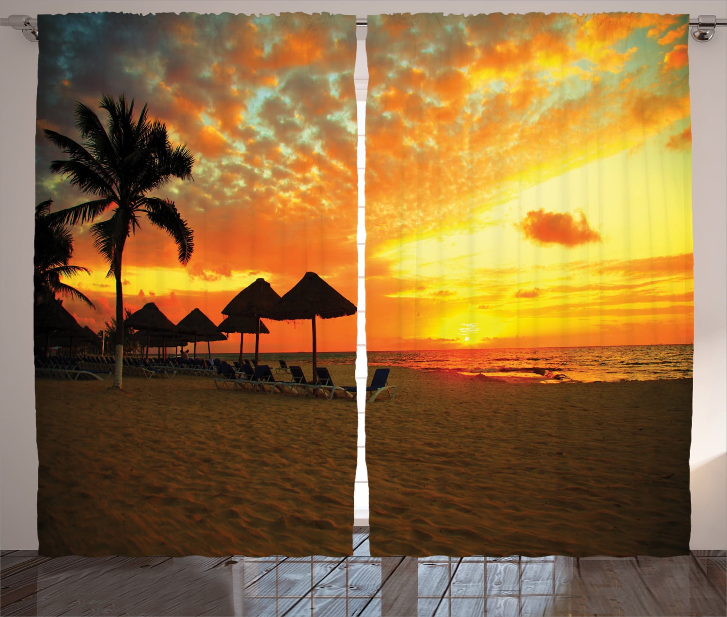 Seaside Decor Curtains 2 Panels Set, Sunset Scene At Beach ...