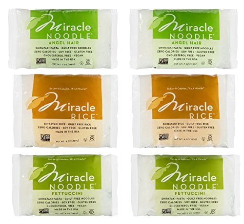 Miracle Noodle Zero Carb, Gluten Free Shirataki Pasta and Rice, 6 bag  Variety Pack, 44 ounces (Includes: 2 Shirataki Angel Hair, 2 Shirataki Rice  and 