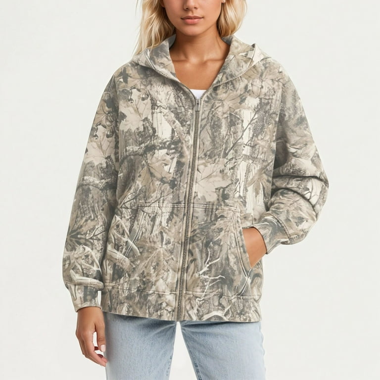 Camo Hoodie for Womens Maple Leaf Print Long Sleeve Zip Up Jackets - Main Image