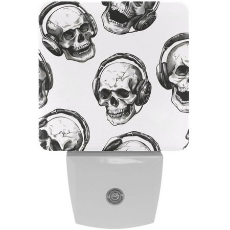 

Funny Skulls in Earphones Seamless Pattern LED Night Lights Dusk To Dawn Smart Sensor 0.5W Plug-In Night Lights Lamp For Bedroom Bathroom Kitchen Hallway Stairs 2Pack