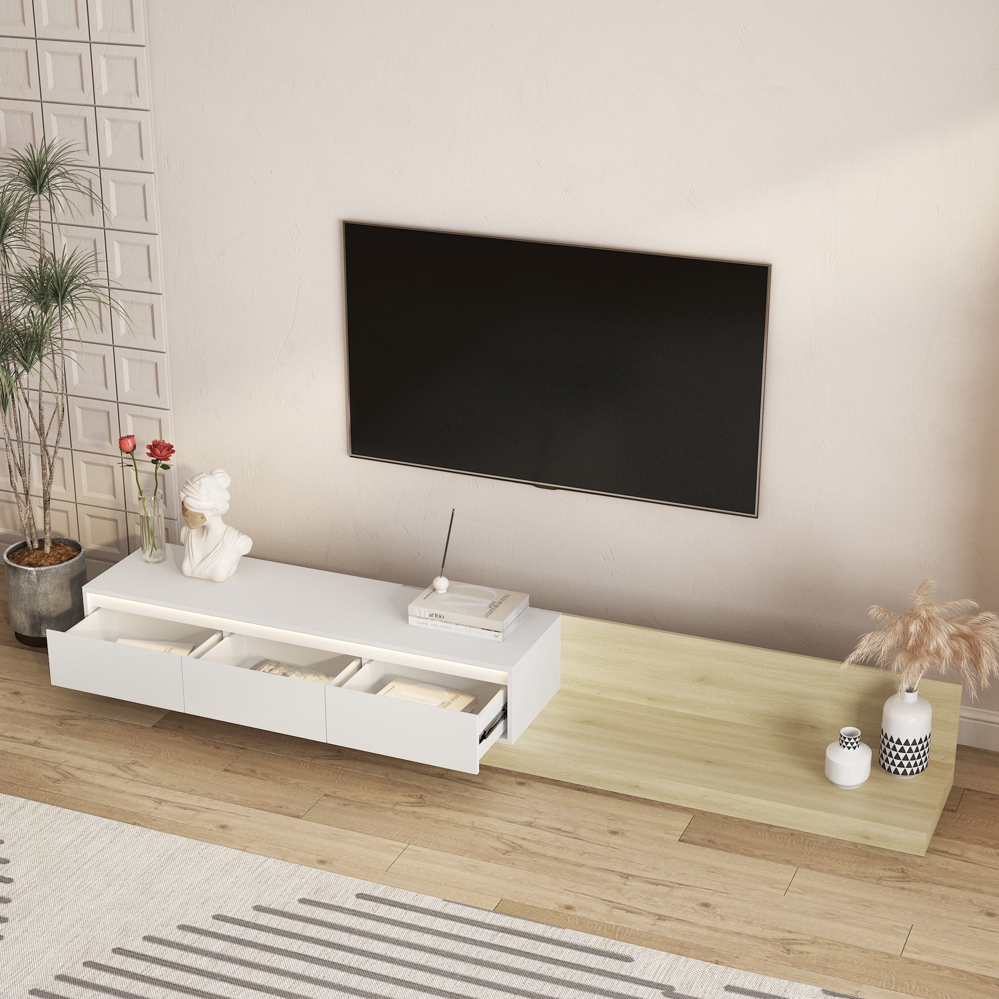 Aukfa Extendable LED TV Stand for TVs up to 75" W/16-Color Lights for Living Room & Bedroom,White