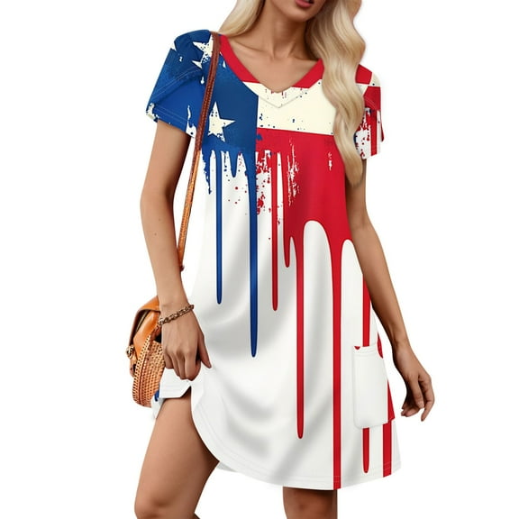 Women's Casual Short Sleeve Star Print Dress, V-Neck Loose Summer T-Shirt Dress with Pockets, Red, Size S-XXL