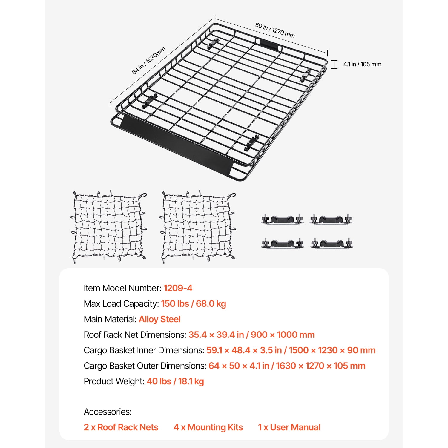 KFFKFF Universal Roof Rack Basket, 64 x 50 x 4.1 in, Rooftop Cargo Carrier with Two 35.4 x 39.4 in Cargo Nets, 150 lbs Capacity, Durable Alloy Steel with Anti-Rust Coating, 4.1 in Fence Design