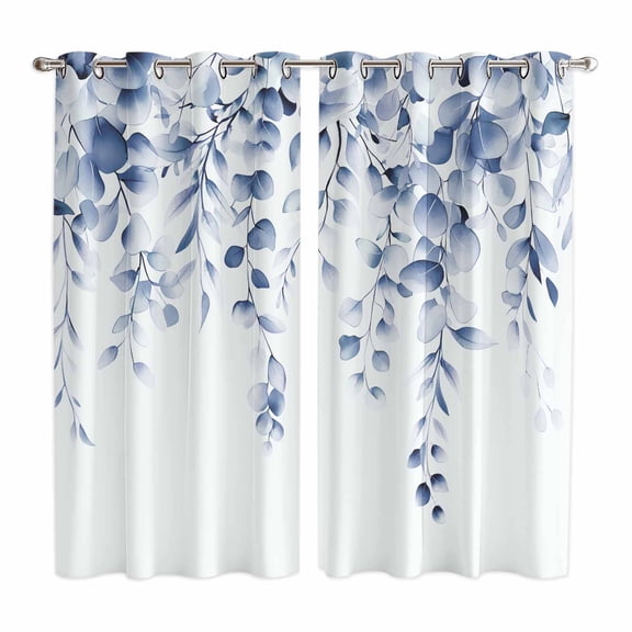Blue Eucalyptus Kitchen Curtains 63 Inch Length, Botanical Plant Rustic Branch Floral Grommet Top Bedroom Living Room Curtains, Light Filtering Cafe Curtain Drapes 2 Panels Set 84''x63''
