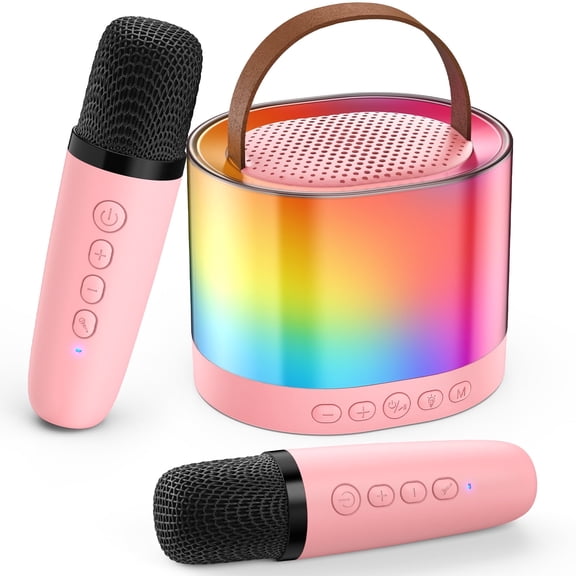 FanFun Karaoke Máquina con 2 Micrófonos Inalámbricos para Adultos y Niños, Mini Altavoz de Karaoke con Luces Rgb, Compatible con Entrada Tf/aux/4 Voz Mágica Divertida, D23P-T