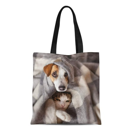 ASHLEIGH Canvas Bag Resuable Tote Grocery Shopping Bags Winter Dog and Cat Under Plaid Pet Warms in Cold Autumn Weather Happy Tote