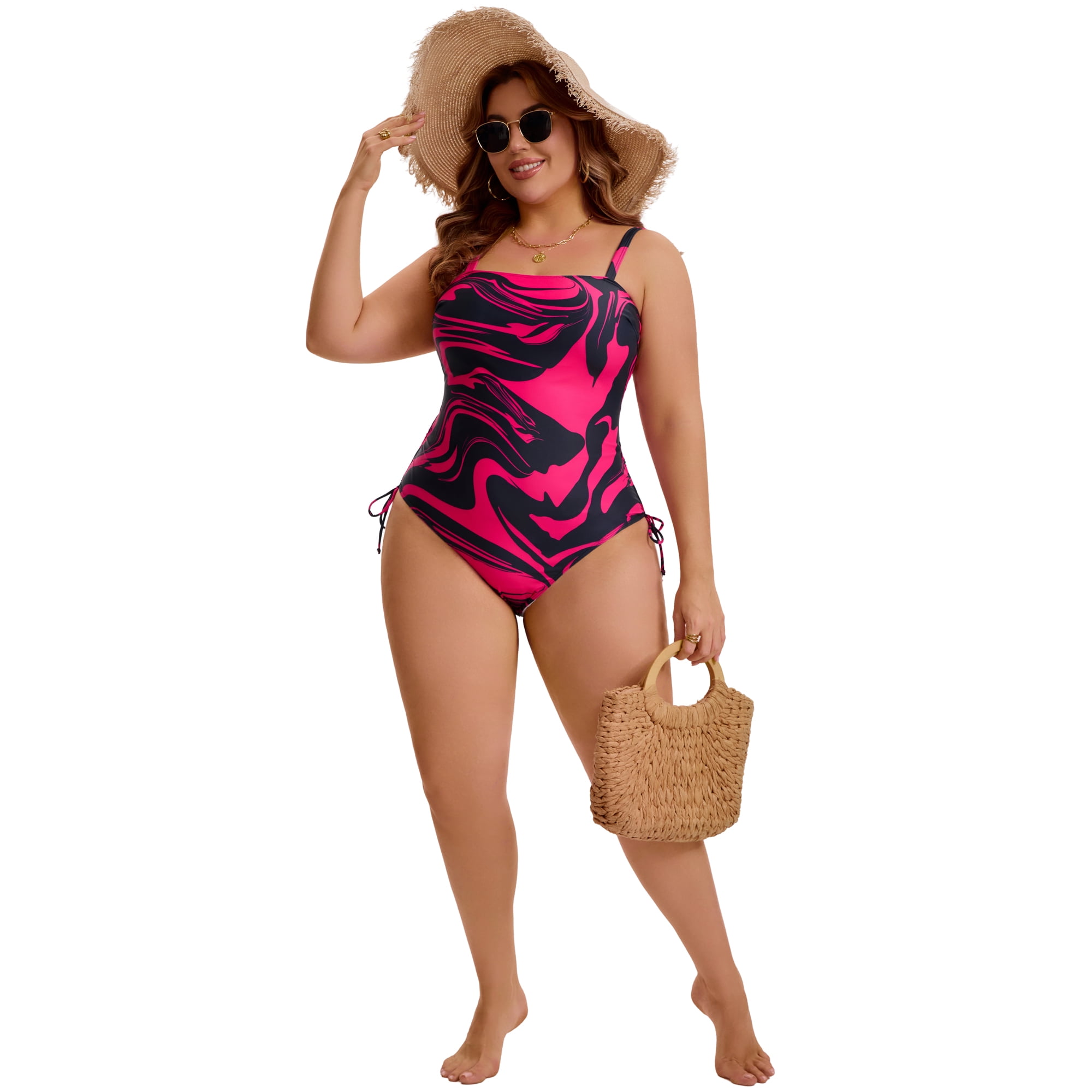 DARING DIVA Women's Plus Swimsuit Tummy Control Bathing Suit Ruched High Cut 2X Hot Pink