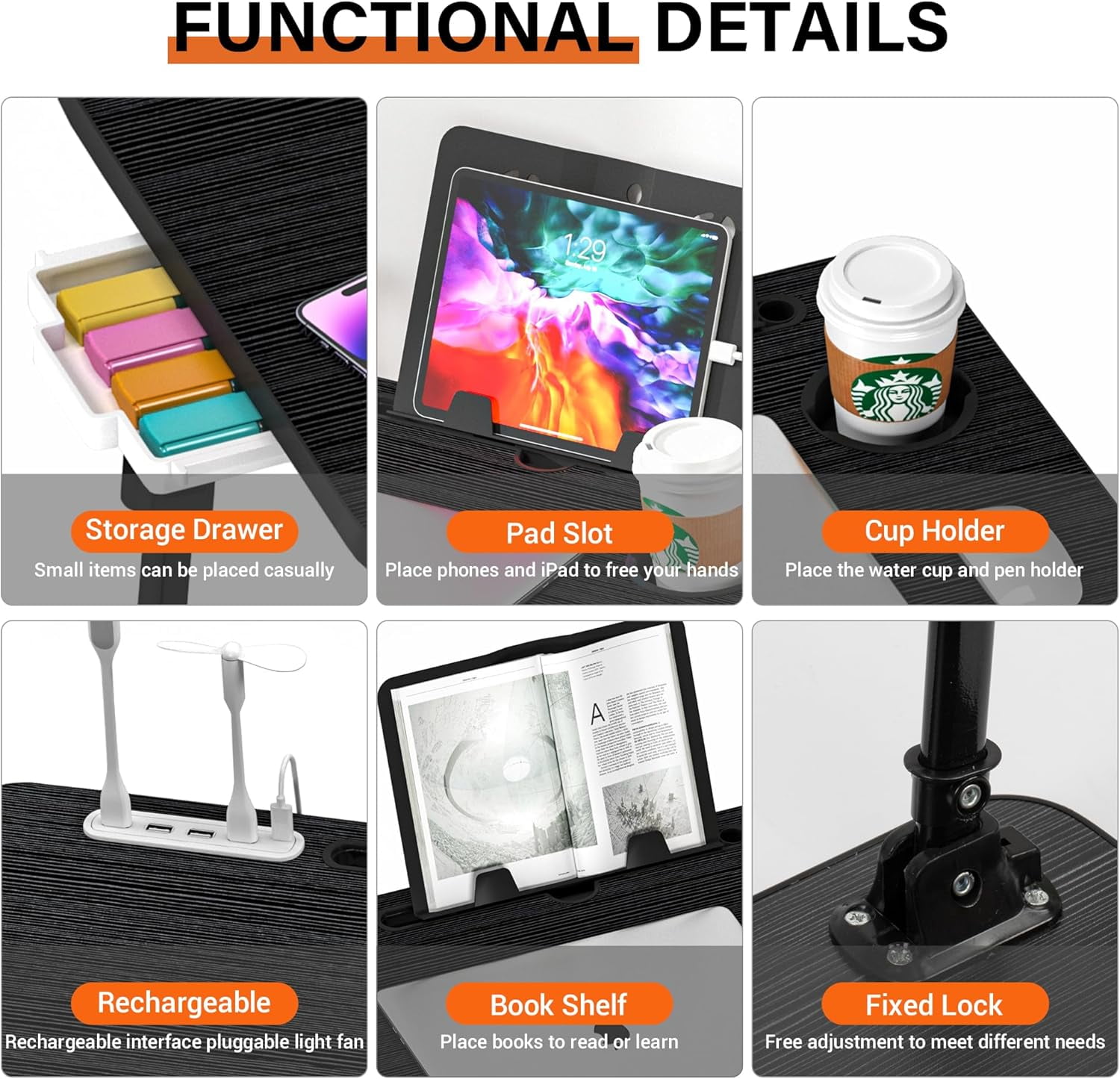 Laptop Desk for Bed Height Adjustable, Lap Bed Table with USB/Storage Drawer/Cup Holder/Tablet Stand/Book Shelf, Foldable Breakfast Tray Portable for Reading Writing, Bed, Sofa & Floor, Black