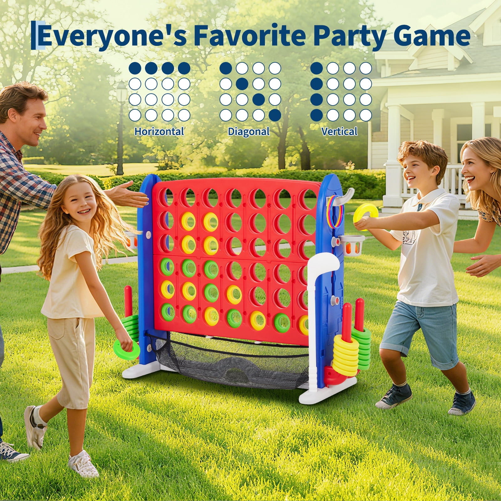 4-in-1 Giant Floor Board Game Set – Adjustable Height Connect, Basketball, Golf, Ring Toss – Mesh Storage Bag – Indoor/Outdoor Family Game for Kids & Adults – USA Version
