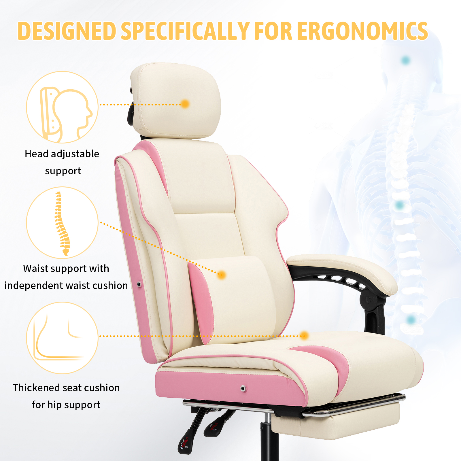 HOFFREE Executive Office Chair with Footrest White Computer Chair with Arms for Home Room and Study Leather Desk Chair with Adjustable Headrest for Teens