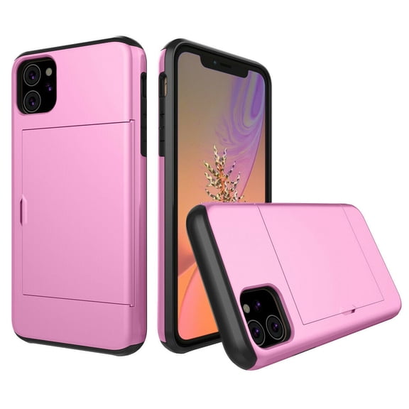 Card Slot Holder Wallet iPhone 15 Case - (Pink) Dual Layer Shockproof with Heavy Duty Protection