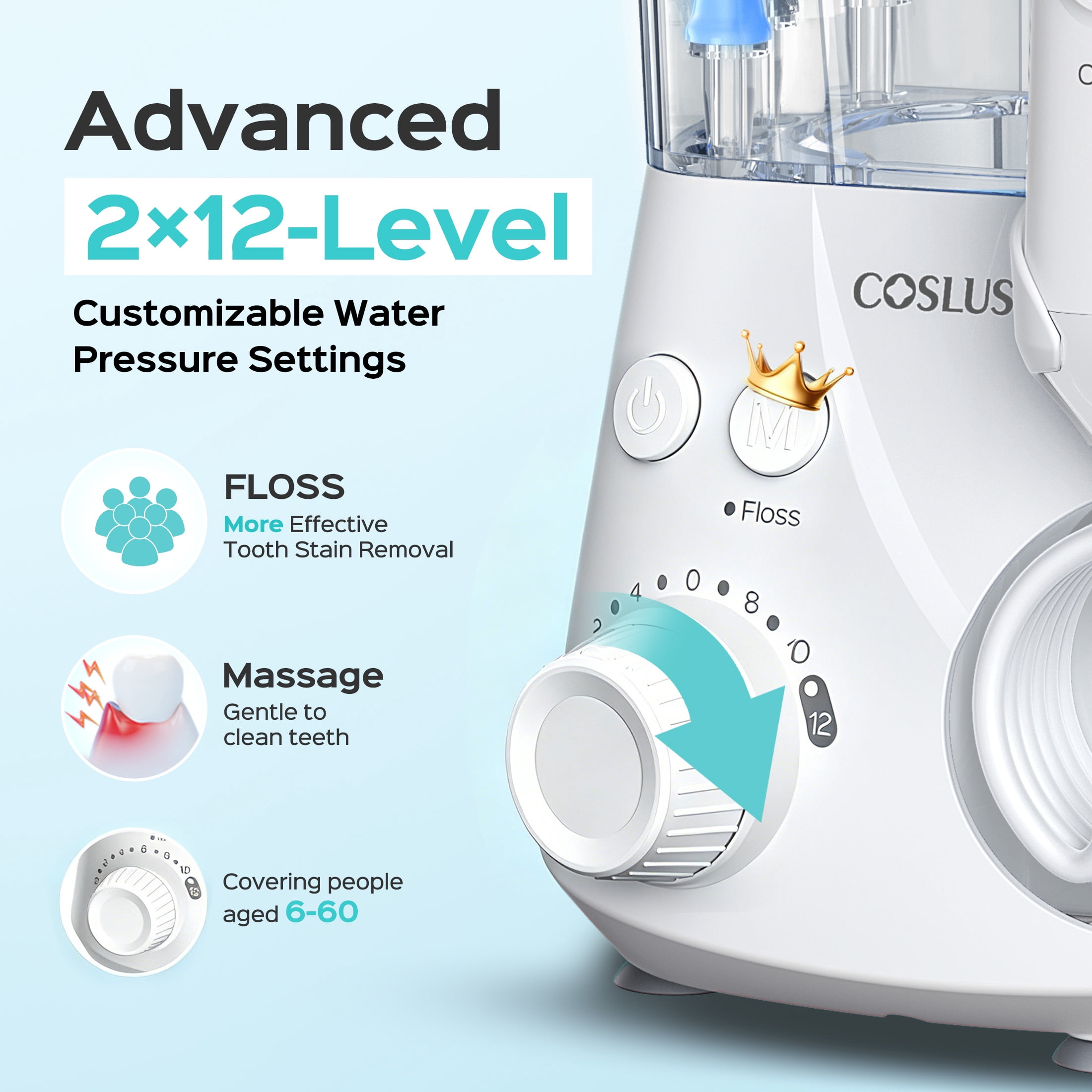 COSLUS EX2 Water Flosser for Teeth,Water Dental Flosser Pick for Teeth,2 Modes & 12 Pressure Settings,600ML,5 Jet Tips for Multiple Users ,White
