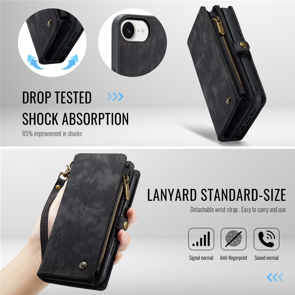 CaseMe Leather Case for iPhone 16e,2 in 1 Detachable Wallet Case with 8-Card Holder Zipper Bills Slot,Magnetic Shockproof Flip Leather Cover Zipper Pocket Phone Cases,Black,For iPhone 16e