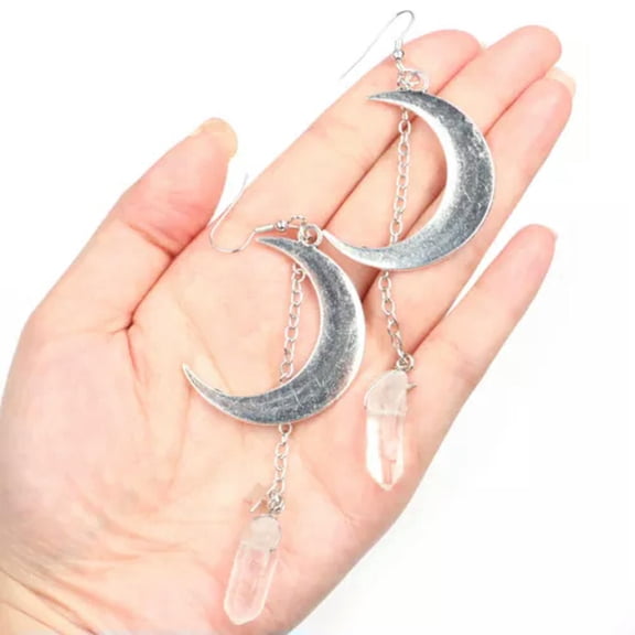 HOOUN Quartz Crystal Witchy Crescent Moon Star Gothic Boho Chain Crown Earring Jewelry-White
