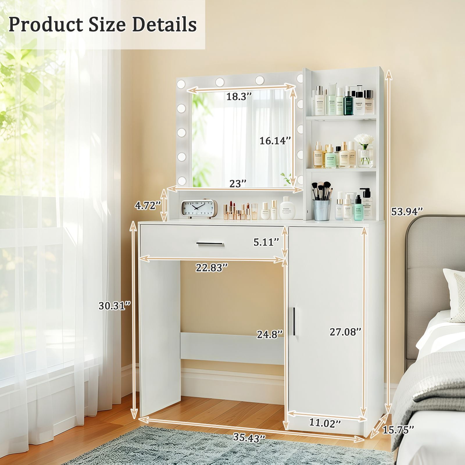 Vanity Desk with Mirror and Lights, Makeup Vanity with Drawer & Storage Cabinet, 3 Lighting Modes Adjustable Brightness, Dressing Table with Open Shelves for Bedroom, Dressing Room, White RR