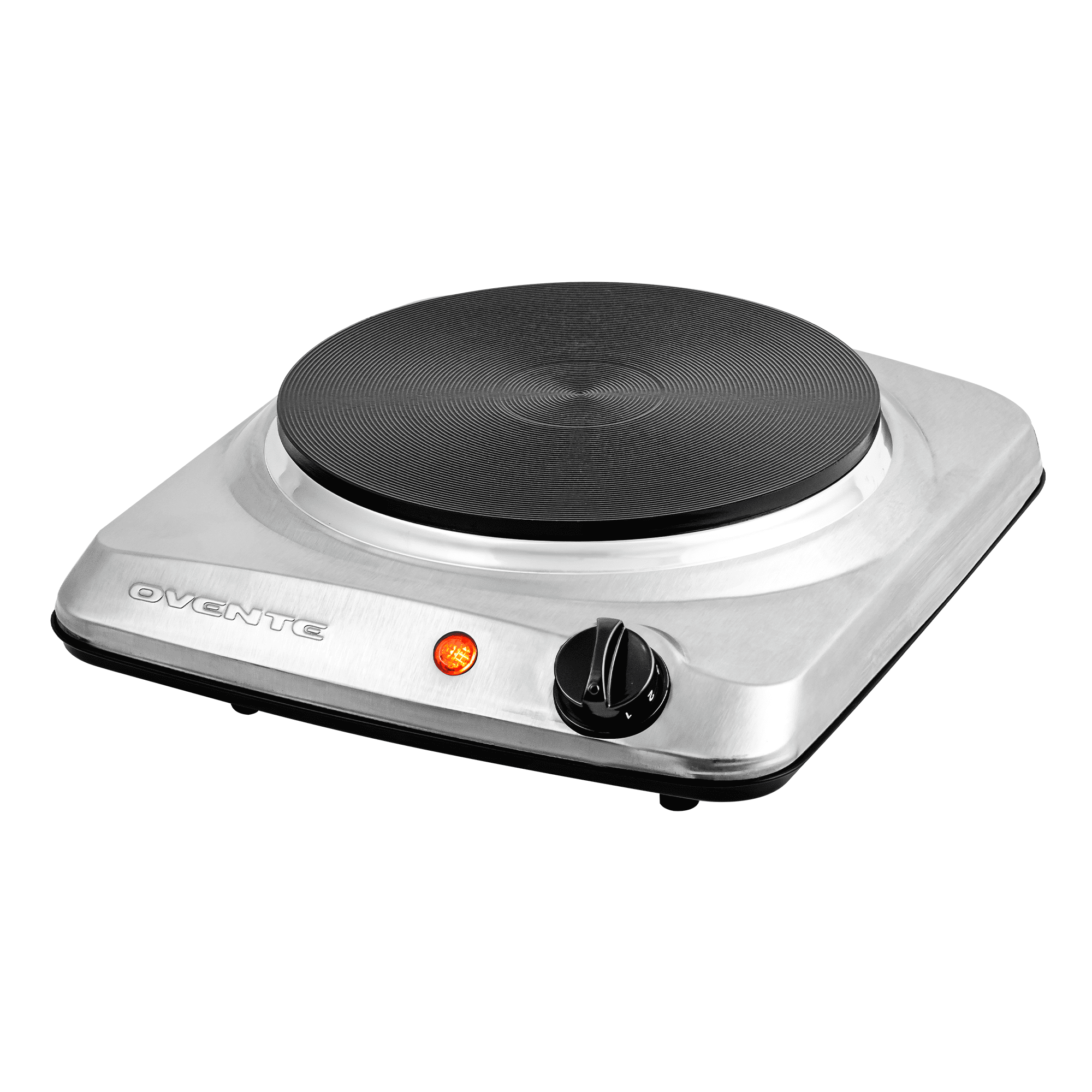 OVENTE Electric Cast Iron Single Burner, 1000W Hot Plate, Silver BGS101S | 7.25" Portable Countertop Cooktop, Stainless Steel, 5 Level Temperature Control, Compact Cooking Stove, Easy to Clean