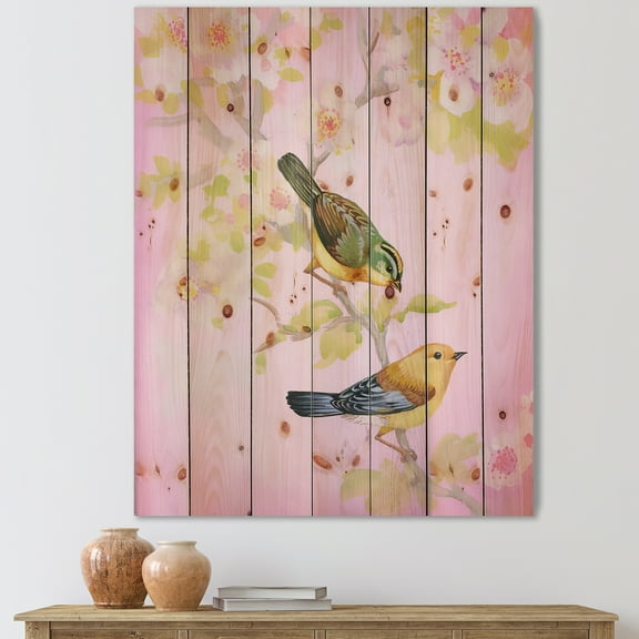 Designart 'Beautiful Bright Birds Sitting On Branch' Traditional Print on Natural Pine Wood