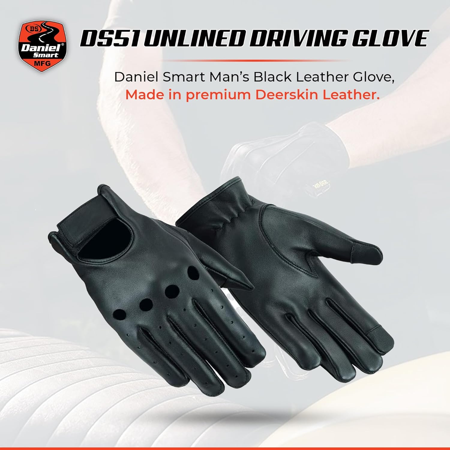 Daniel Smart Deerskin Leather Gloves – Unlined Motorcycle Gloves with Knuckle cuts Out and Touch Screen Fingertips
