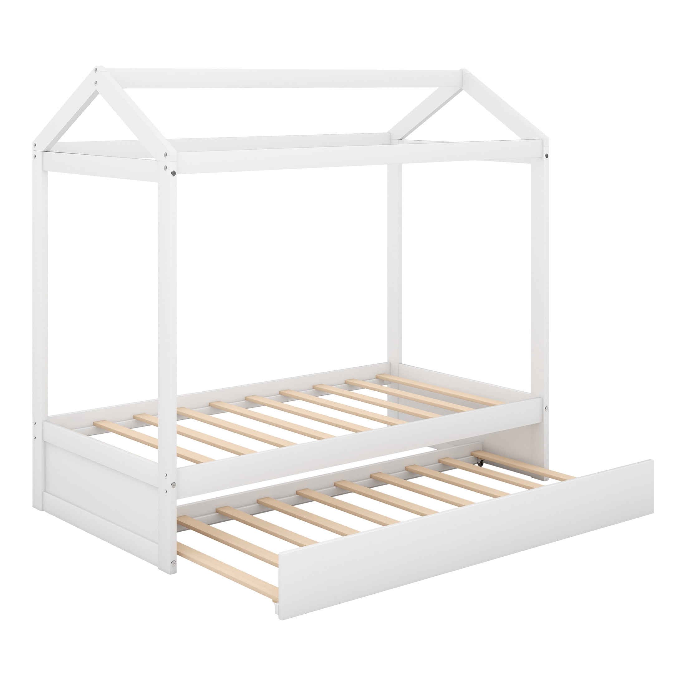 Noble House Lira Twin House Bed with Rolling Trundle, Customizable Pine Wood Frame, Space Saving, White