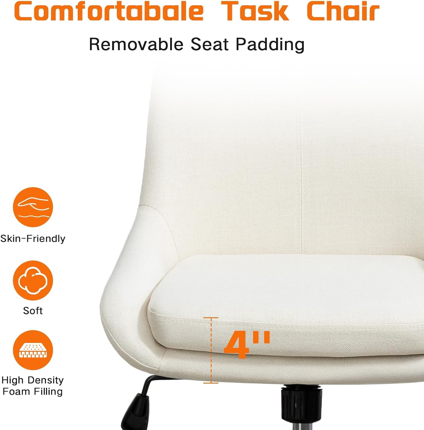 Breathable Linen Fabric Home Office Chair, Comfortable Armless Task Chair Swivel Rolling Adjustable Height Home Office