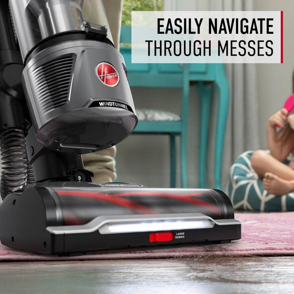 Hoover Bagless Upright Vacuum, WindTunnel Tangle Guard, Powerful, Multi-Surface, with LED, Extension Wand,Turbo, Crevice,& 2-in-1 Upholstery Tool, Lightweight, HEPA Filter, XL Dust Cup, Grey