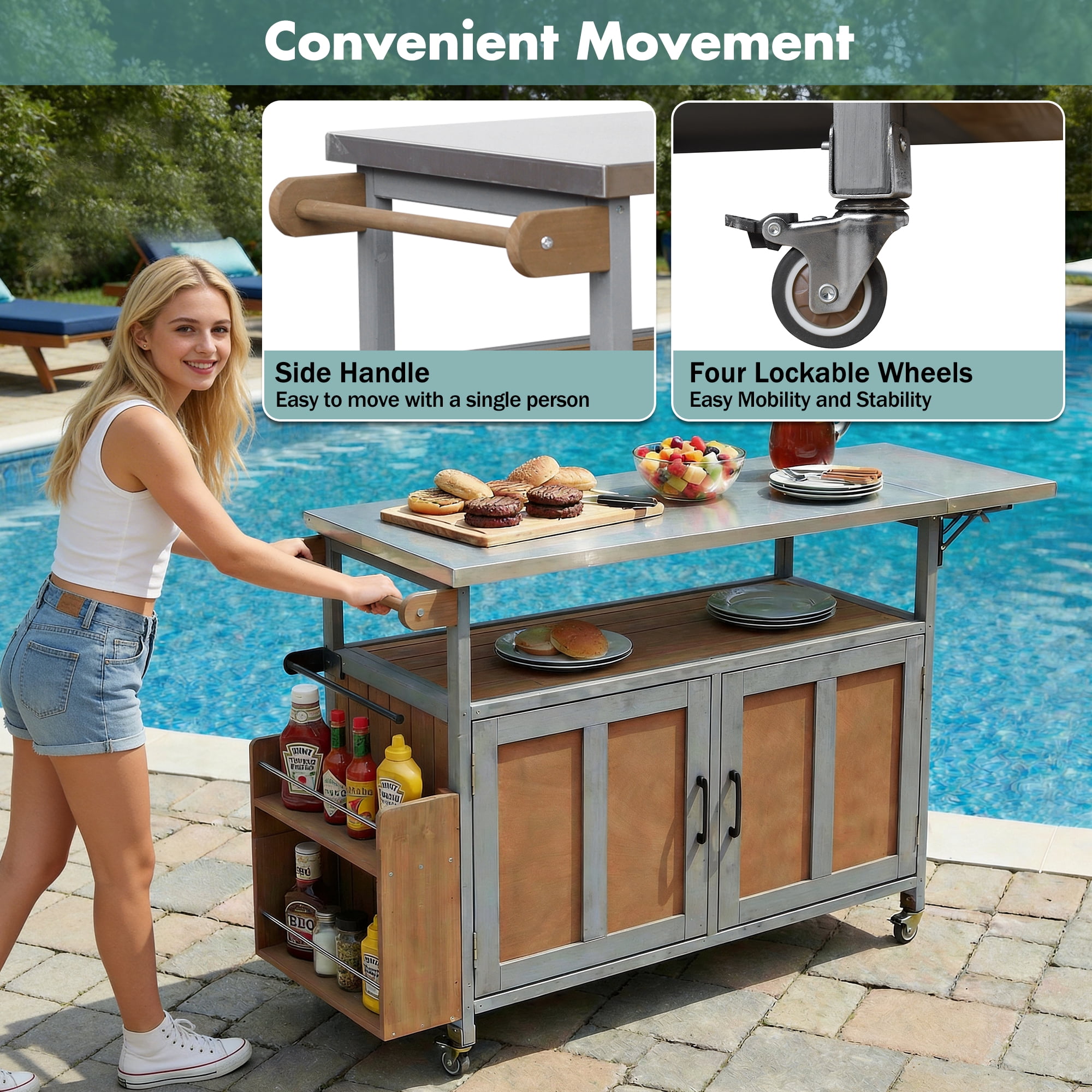 Mobile Cooking Island, Foldable Outdoor Patio Kitchen Cart, Espresso and Grey