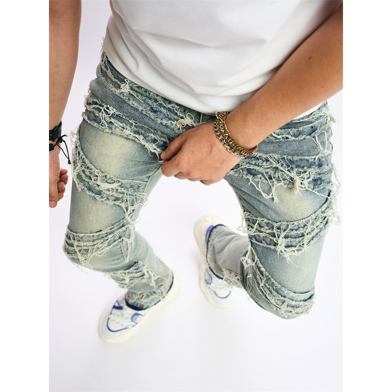 Urobanpeeg Men Tie-Dye Denim Pant Washed Stretch Rise Relaxed Straight Leg  Jeans For Male 