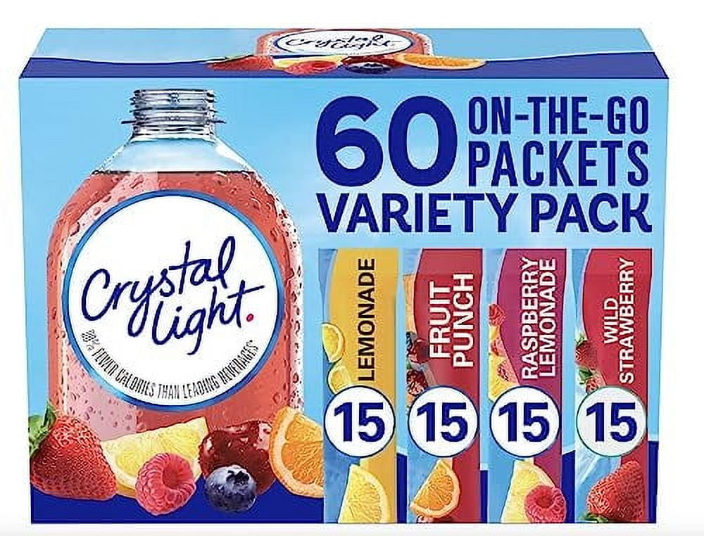 Crystal Light Sugar-Free, Lemonade, Fruit Punch, Raspberry Lemonade and Wild Strawberry On-The-Go Powdered Drink Mix Variety Pack, 60 Count, Each Packet Fits into a 16.9 oz. bottle or cup
