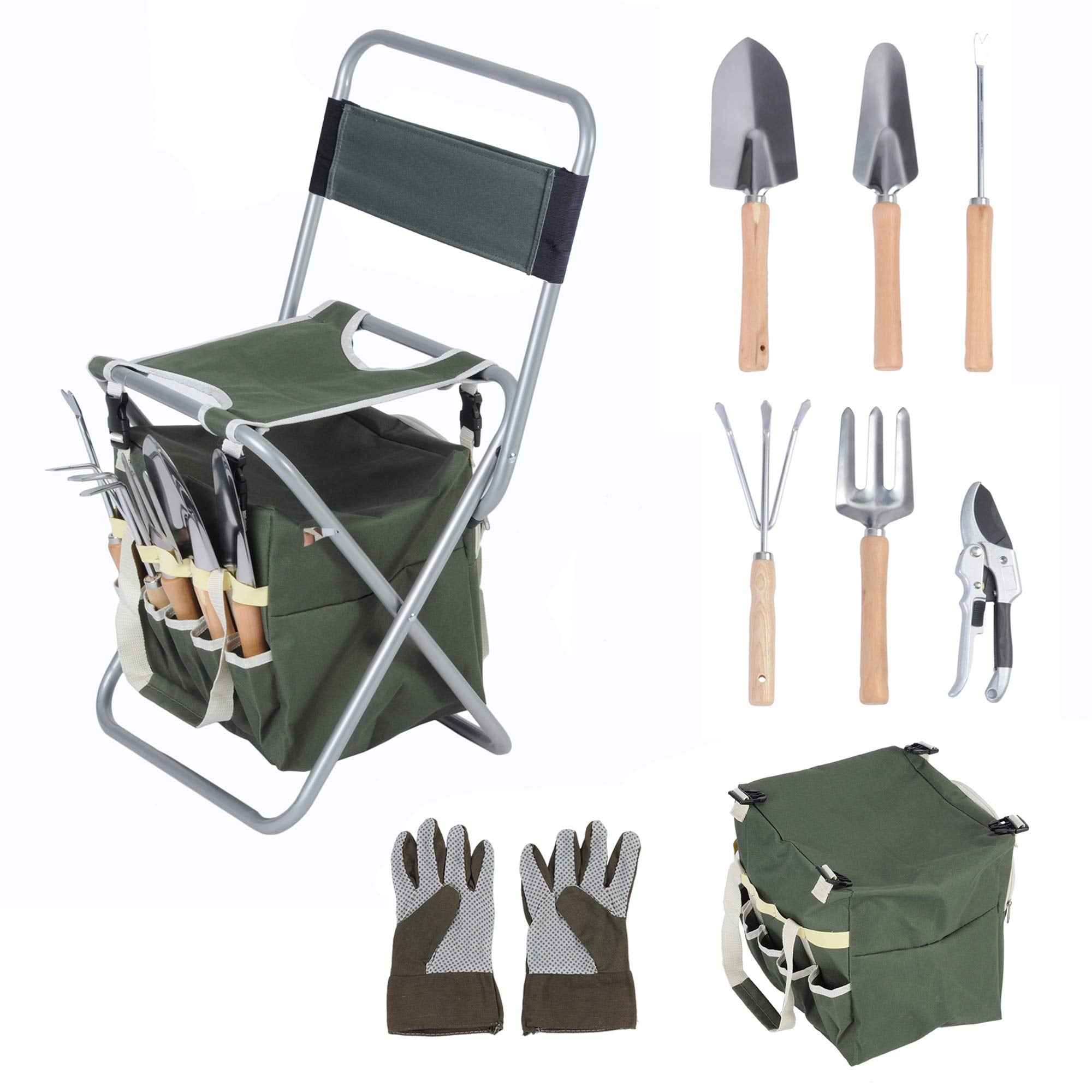 Gardening Tool Set 10piece With Zippered Detachable Tote and Folding Stool Seat for sale online 