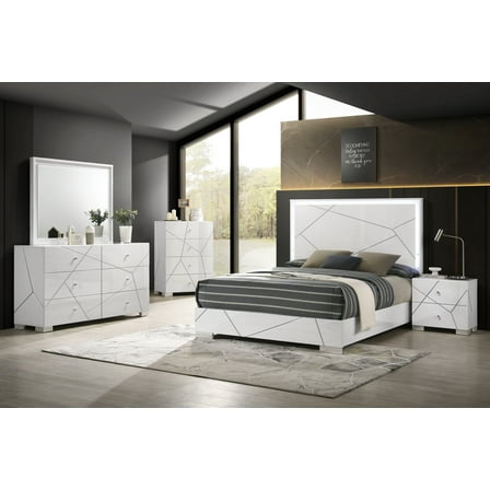 Pristine High-gloss White Finish Bold Geometric Accents Queen Bed Set 5pc
