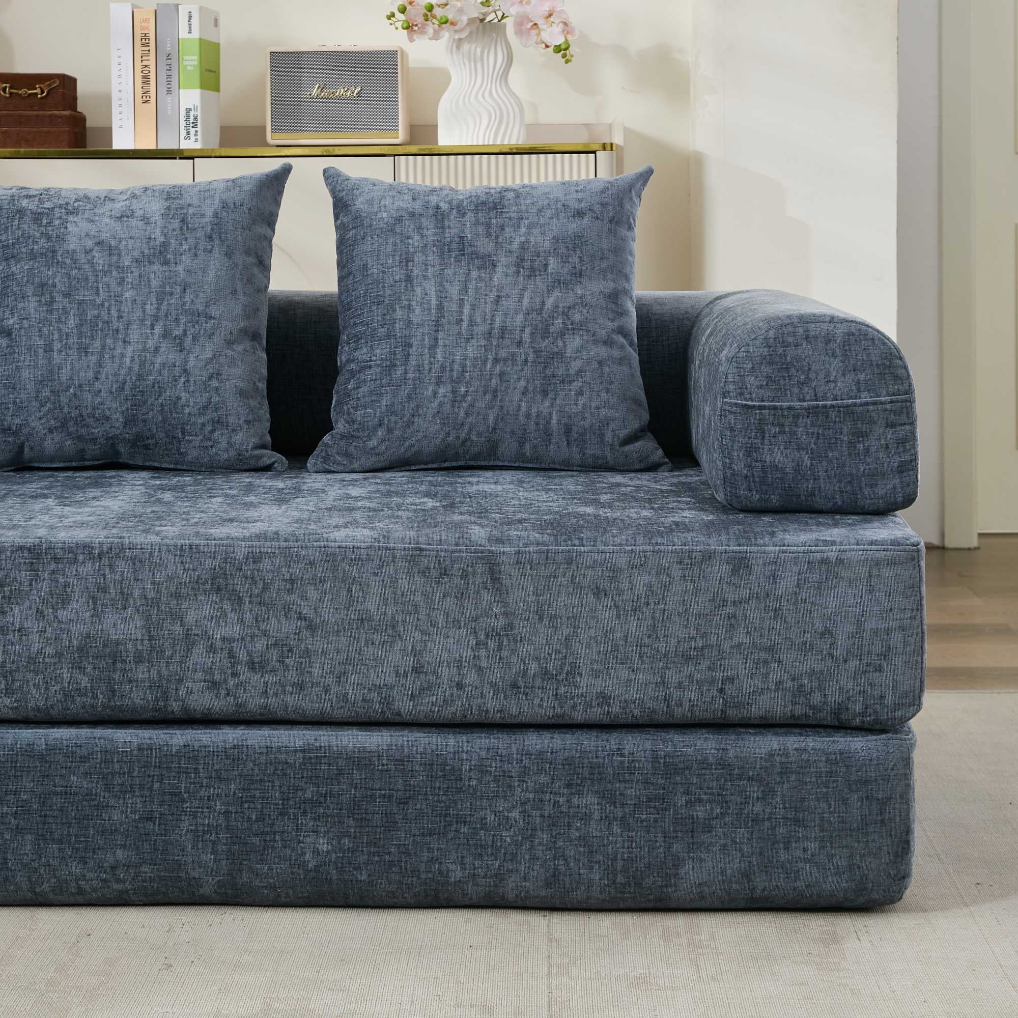 Leumius 78.8" Convertible Futon Sofa Bed, Boneless Couch for Living Room, Chenille Boneless Loveseat Sleeper Sofa, Foldable Floor Sleeper Mattress Lounge for Living Room Bedroom, No Assembly,Blue