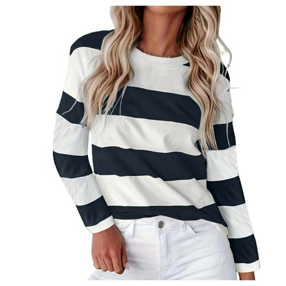 WEIYLL Tshirt for Women Long Sleeve Striped Crew Neck Color Block Black Tees Sizes M